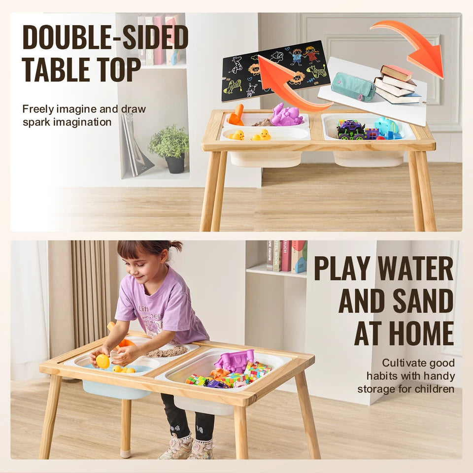 Aeroflux Kids Sensory Table with Storage Bins – Natural Wood Play and Learning Station