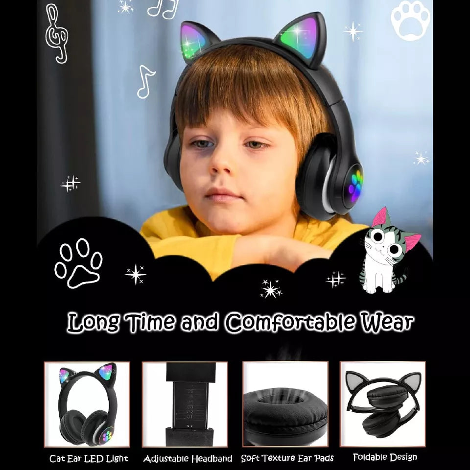 Aeroflux®Wireless Bluetooth Kids Headphones – Foldable Cat Ear Headphones with LED Lights, Built-in Mic & Volume Control
