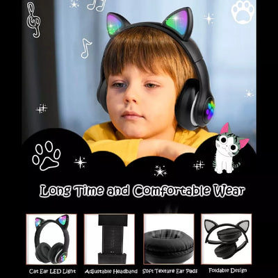 Aeroflux®Wireless Bluetooth Kids Headphones – Foldable Cat Ear Headphones with LED Lights, Built-in Mic & Volume Control