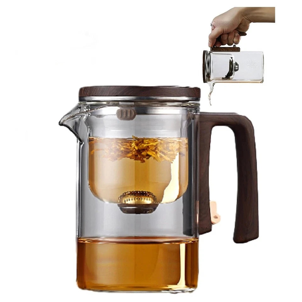 Aeroflux Magic Teapot with Intelligent Tea-Water Separation – 800ml Glass Teapot with Ergonomic Wood-Grain Silicone Handle, Precision Spout, and Versatile Brewing