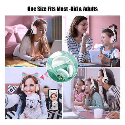 Aeroflux®Wireless Bluetooth Kids Headphones – Foldable Cat Ear Headphones with LED Lights, Built-in Mic & Volume Control