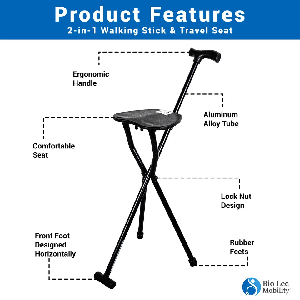 AeroFlux Foldable Cane with Seat — 3-Leg Steady Walking Stick for Comfort & Mobility