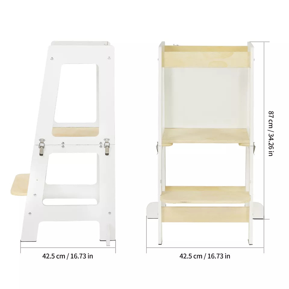 Aeroflux 3-in-1 Toddler Learning Tower with Safety Rail, Mini Desk & Chalkboard