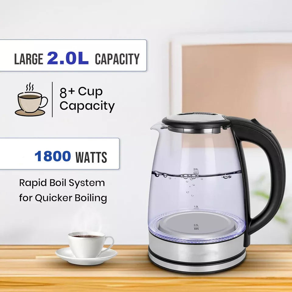 Aeroflux® UltraBoil Electric Kettle – 1.8L, 3000W | Rapid Boil, Auto Shut-Off, Borosilicate Glass, Stainless Steel Filter