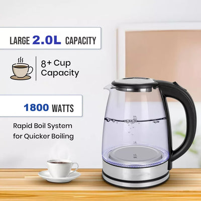 Aeroflux® UltraBoil Electric Kettle – 1.8L, 3000W | Rapid Boil, Auto Shut-Off, Borosilicate Glass, Stainless Steel Filter