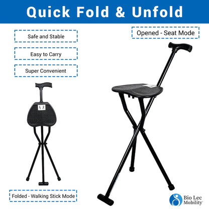 AeroFlux Foldable Cane with Seat — 3-Leg Steady Walking Stick for Comfort & Mobility