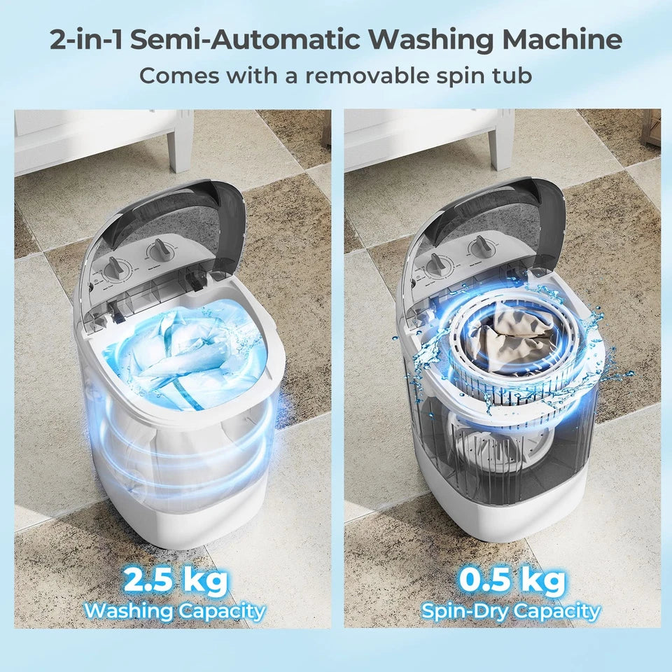 Aeroflux© Compact Portable Mini Washing Machine – Dual Wash & Spin with 2.5kg Capacity