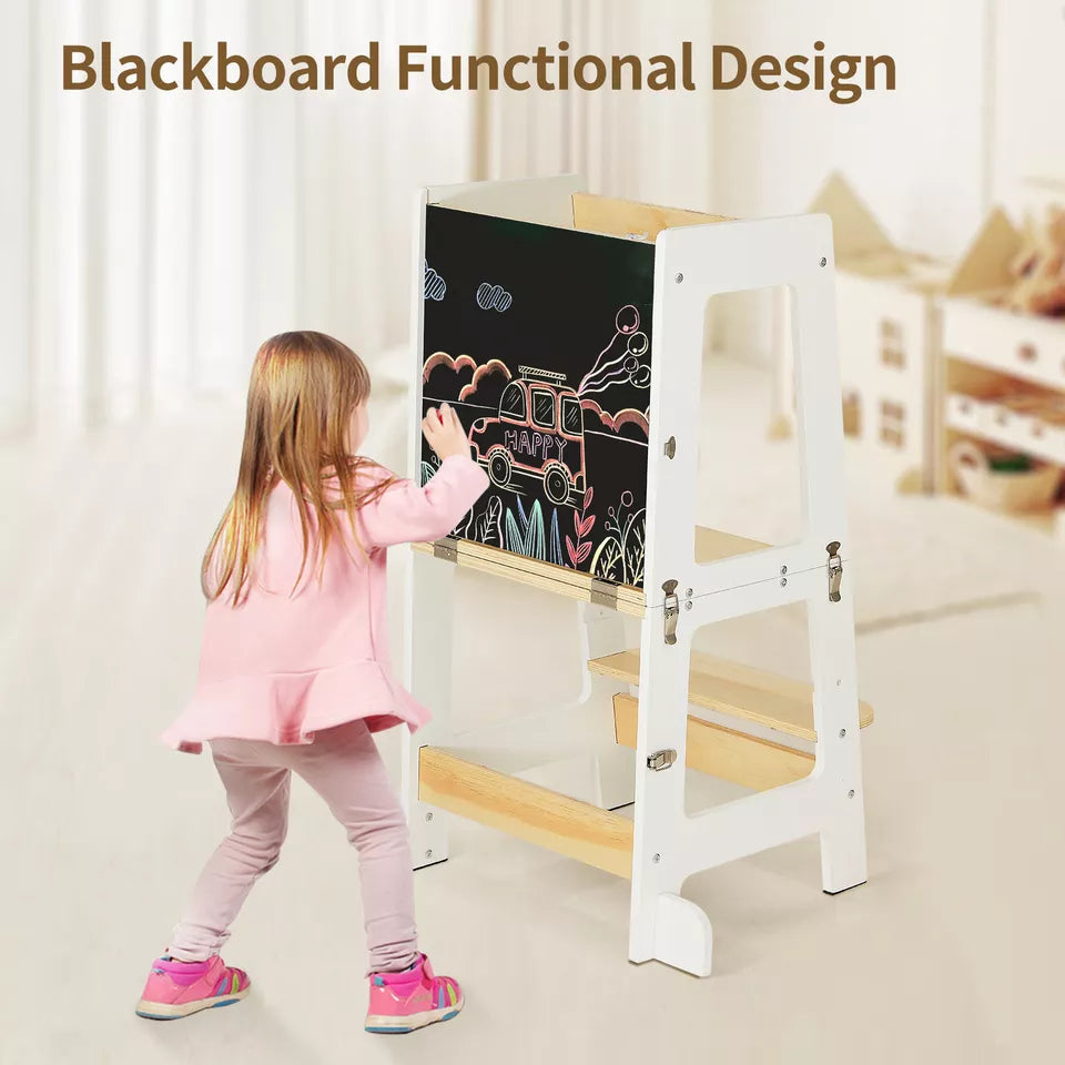 Aeroflux 3-in-1 Toddler Learning Tower with Safety Rail, Mini Desk & Chalkboard