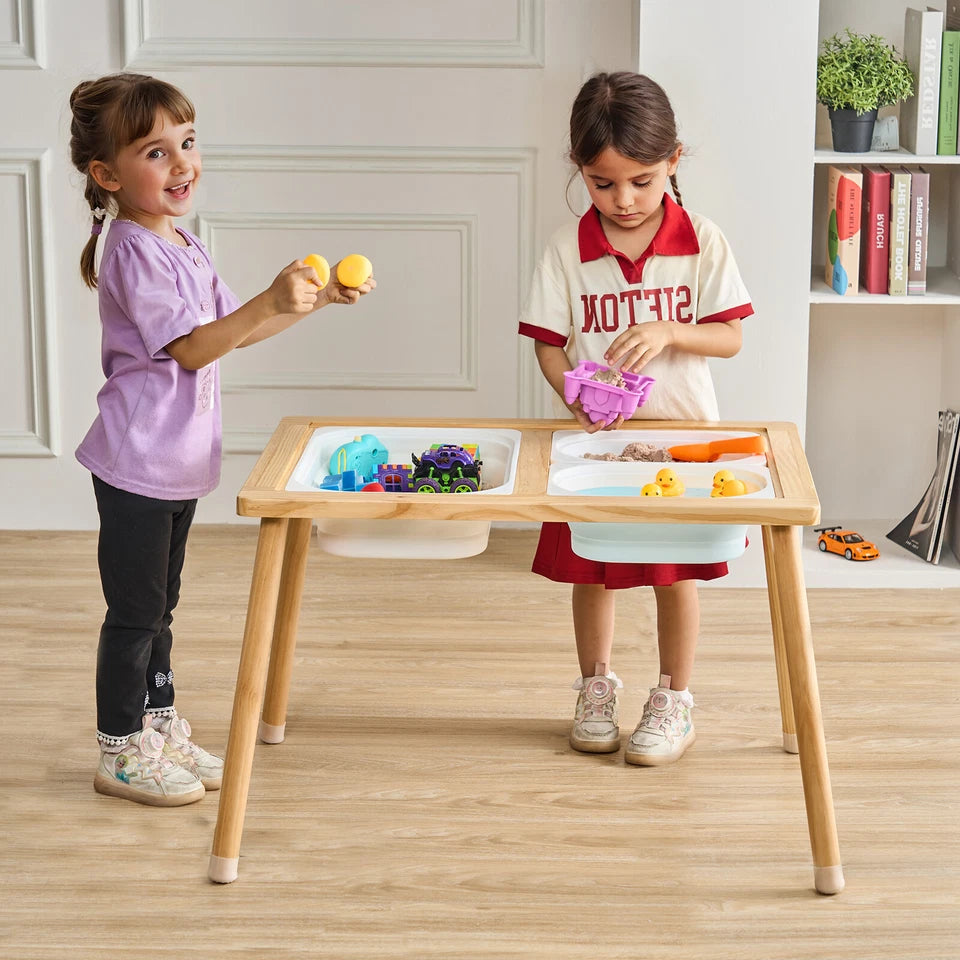 Aeroflux Kids Sensory Table with Storage Bins – Natural Wood Play and Learning Station