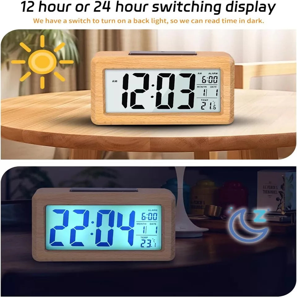 Plumeet Wooden Digital Alarm Clock – 3.7 Inch Battery Powered, Snooze, Nightlight, Displays Time, Date, Temp
