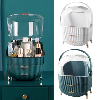 Aeroflux Luxe Cosmetic & Skincare Organiser – 3-Layer Vanity Storage Case with Drawers & Rotating Display Lid (White & Green)