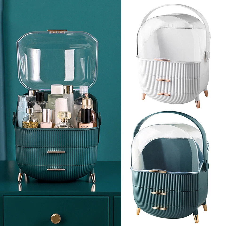 Aeroflux Luxe Cosmetic & Skincare Organiser – 3-Layer Vanity Storage Case with Drawers & Rotating Display Lid (White & Green)