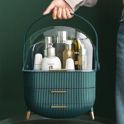 Aeroflux Luxe Cosmetic & Skincare Organiser – 3-Layer Vanity Storage Case with Drawers & Rotating Display Lid (White & Green)