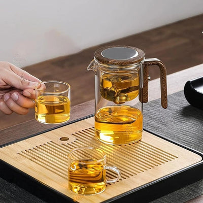 Aeroflux Magic Teapot with Intelligent Tea-Water Separation – 800ml Glass Teapot with Ergonomic Wood-Grain Silicone Handle, Precision Spout, and Versatile Brewing