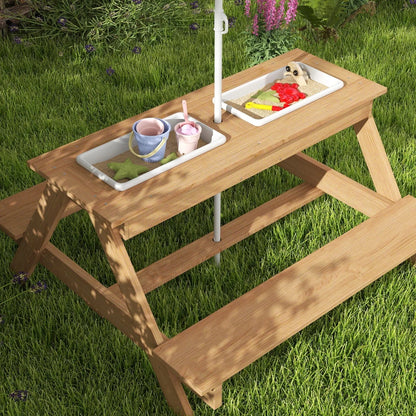 Aeroflux Kids Outdoor Picnic Table with Benches, Sand & Water Play Bins, and Adjustable Parasol