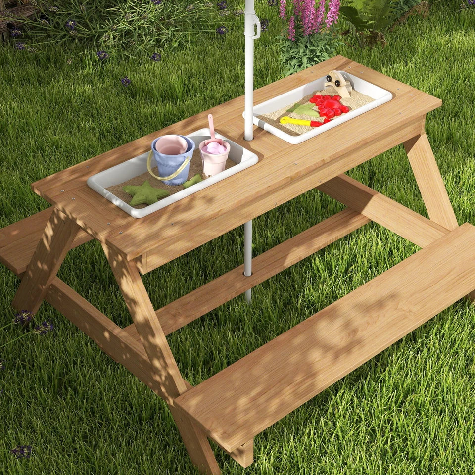 Aeroflux Kids Outdoor Picnic Table with Benches, Sand & Water Play Bins, and Adjustable Parasol