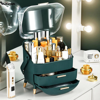 Aeroflux Luxe Cosmetic & Skincare Organiser – 3-Layer Vanity Storage Case with Drawers & Rotating Display Lid (White & Green)