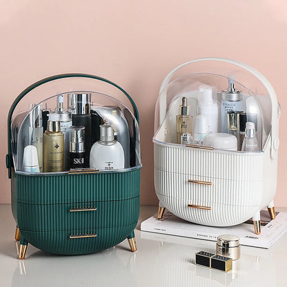 Aeroflux Luxe Cosmetic & Skincare Organiser – 3-Layer Vanity Storage Case with Drawers & Rotating Display Lid (White & Green)