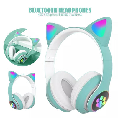 Aeroflux®Wireless Bluetooth Kids Headphones – Foldable Cat Ear Headphones with LED Lights, Built-in Mic & Volume Control