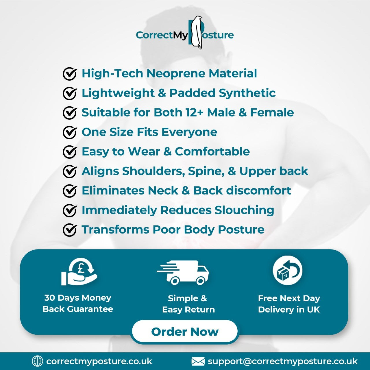 Theroflex© Premium Back Brace Posture Corrector Support: One Size Fits All DP1